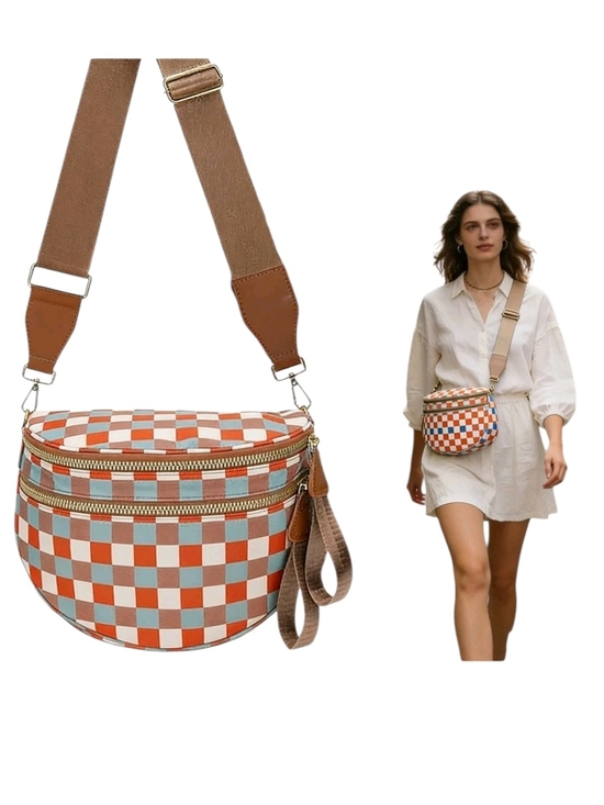 no brand Handbags - Checkerboard Crossbody Sling Bag - Brown/Blue/White Checkers